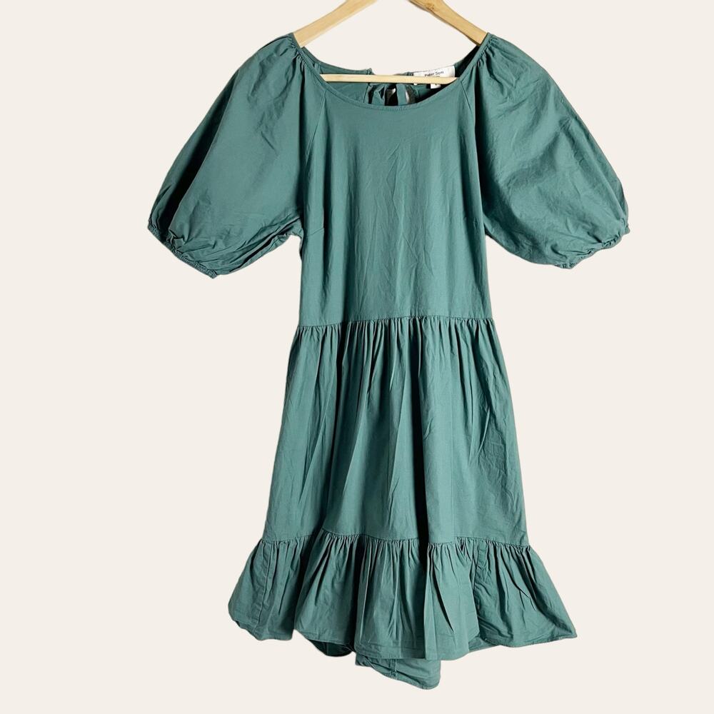 Peter Som Collective Green Puff Sleeve Tiered Tie Back Mini Dress Size 6 - Picture 4 of 15